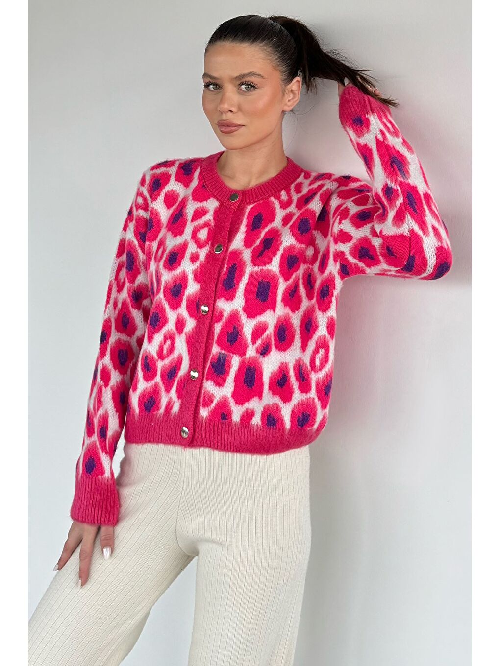 Fuşya Kadın Desenli Triko Hırka-1