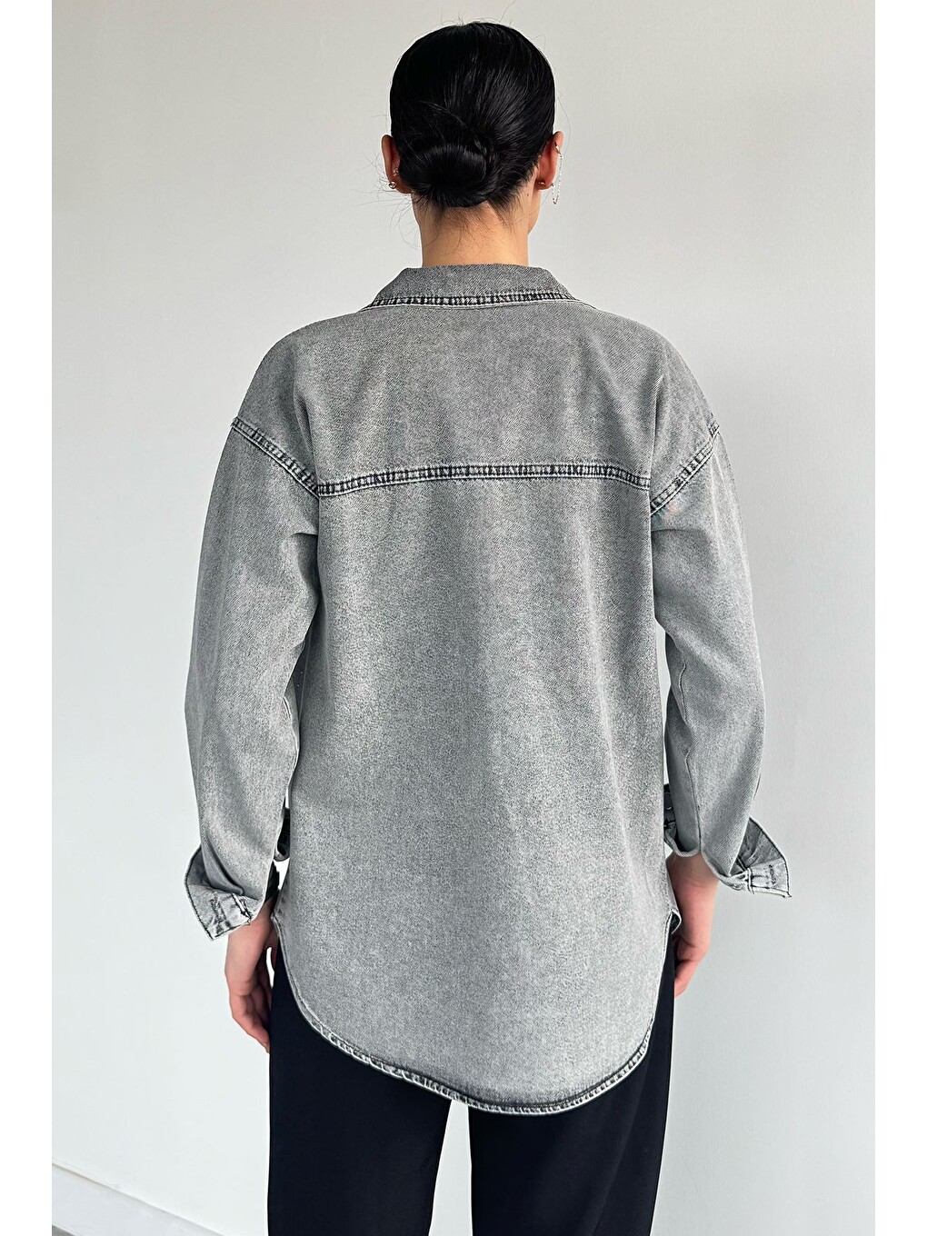 Gri Çift Cepli Taşlı Jean Jean Ceket-3