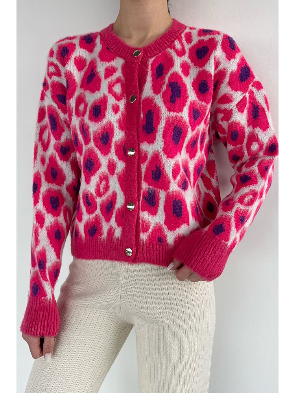 Fuşya Kadın Desenli Triko Hırka-2