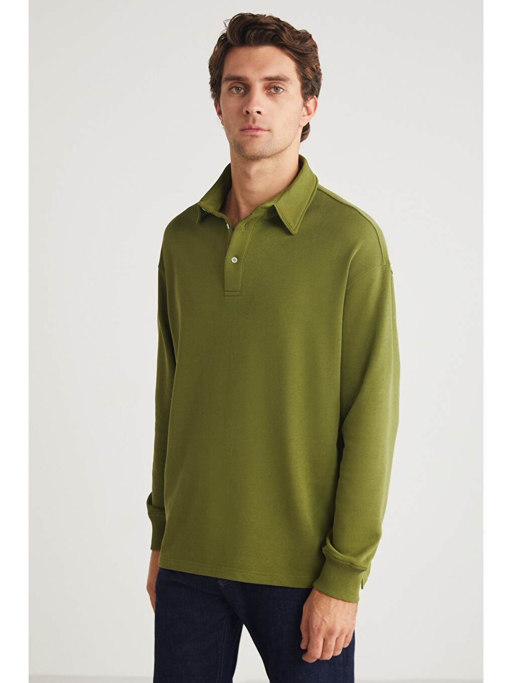 Erkek Polo Sweat Gömlek Yakalı Organik Pamuklu Yırtmaçlı İçi Polarsız Haki Sweatshirt-1