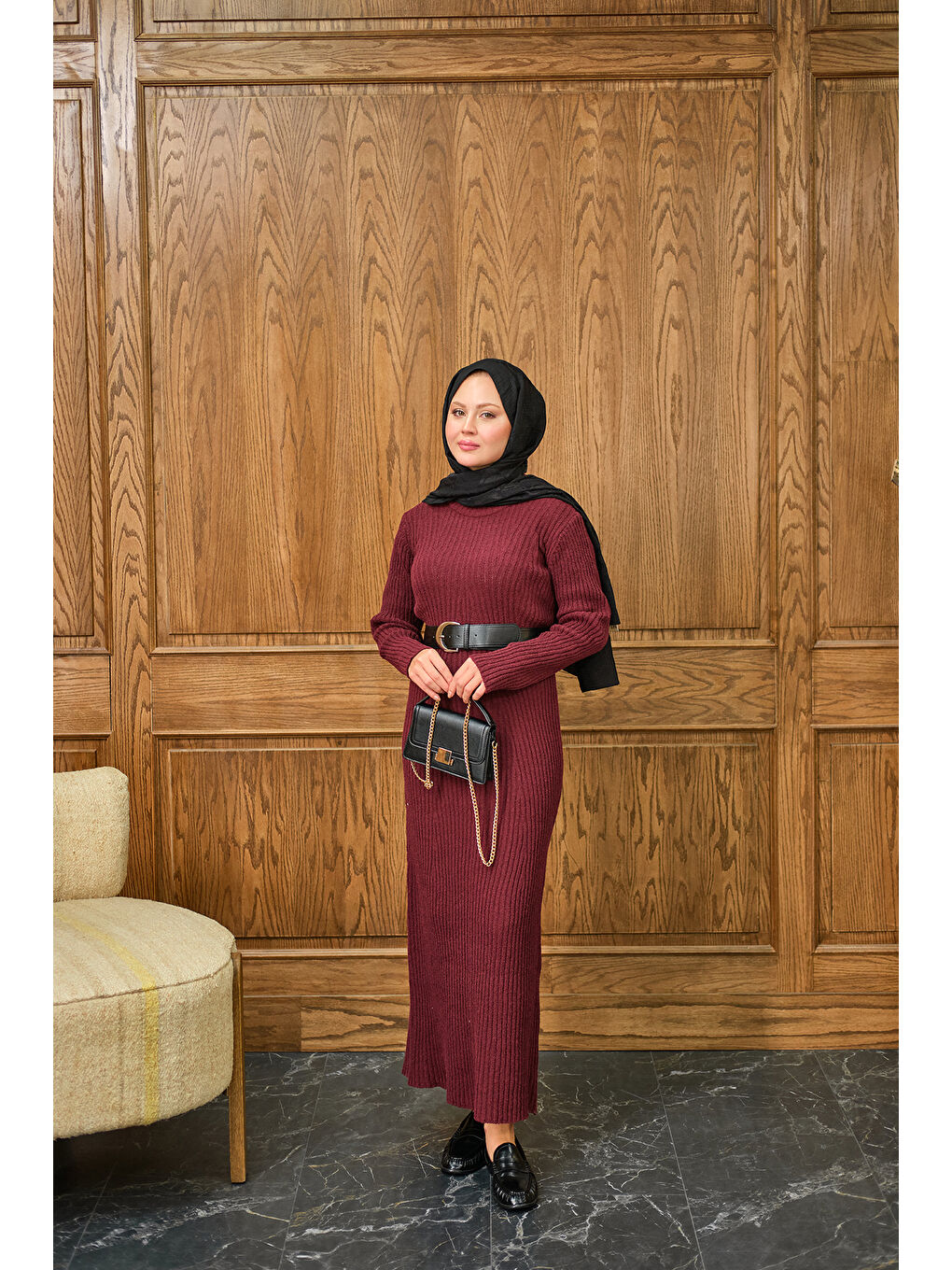 Kadın Bisiklet Yaka Triko Elbise Bordo-4