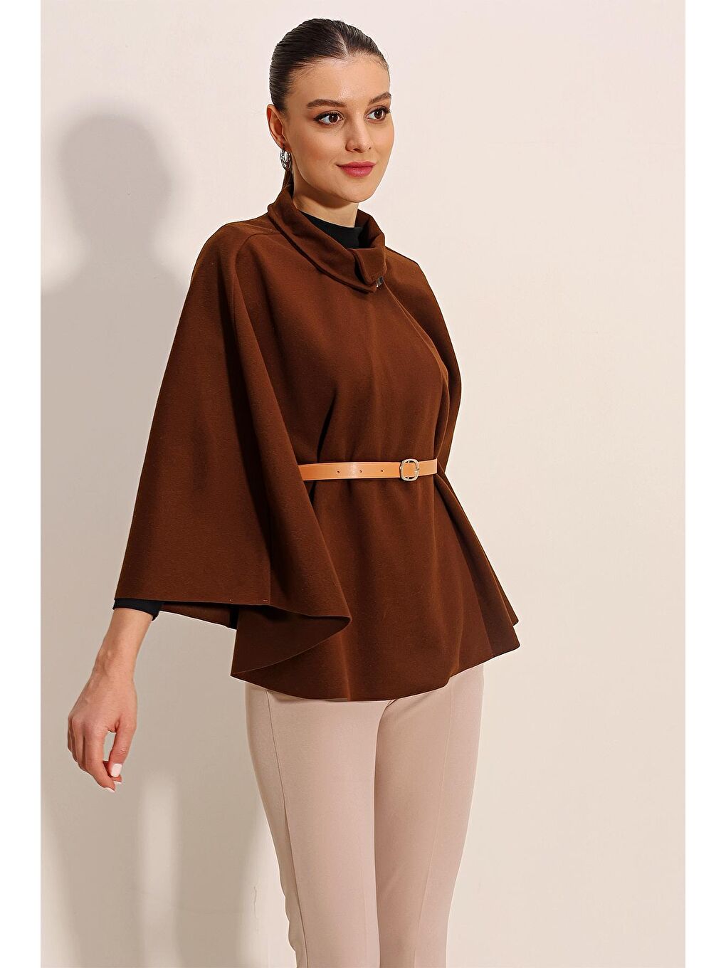 9134 Kemerli Kaşe Panço - Kahverengi-2