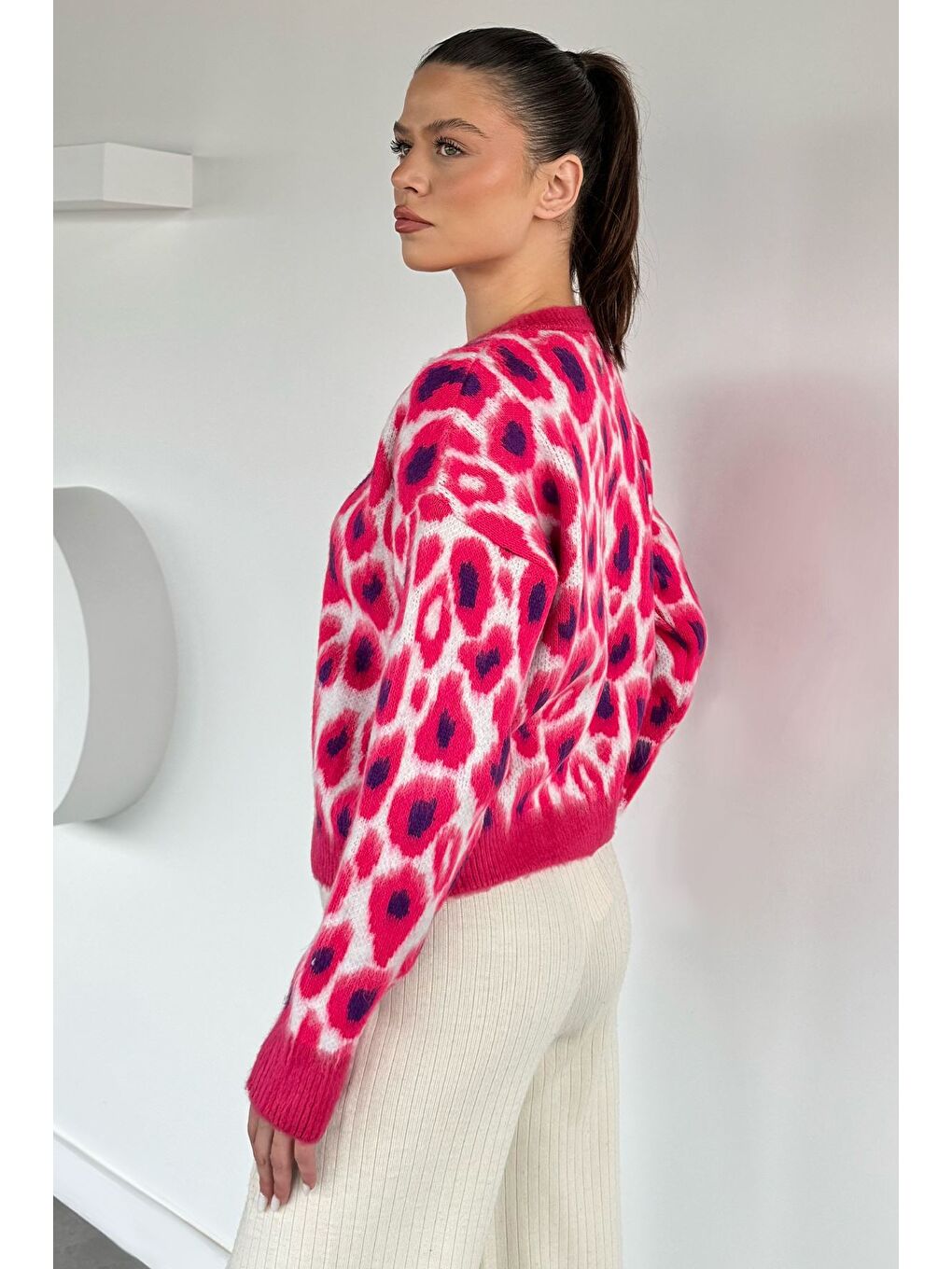 Fuşya Kadın Desenli Triko Hırka-3
