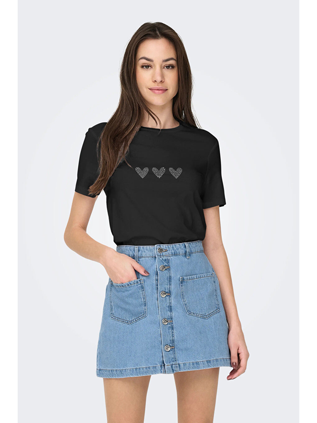 Siyah Onlarıana Pamuklu Regular Fit Taş Detaylı Bisiklet Yaka Kadın T Shirt 15343771