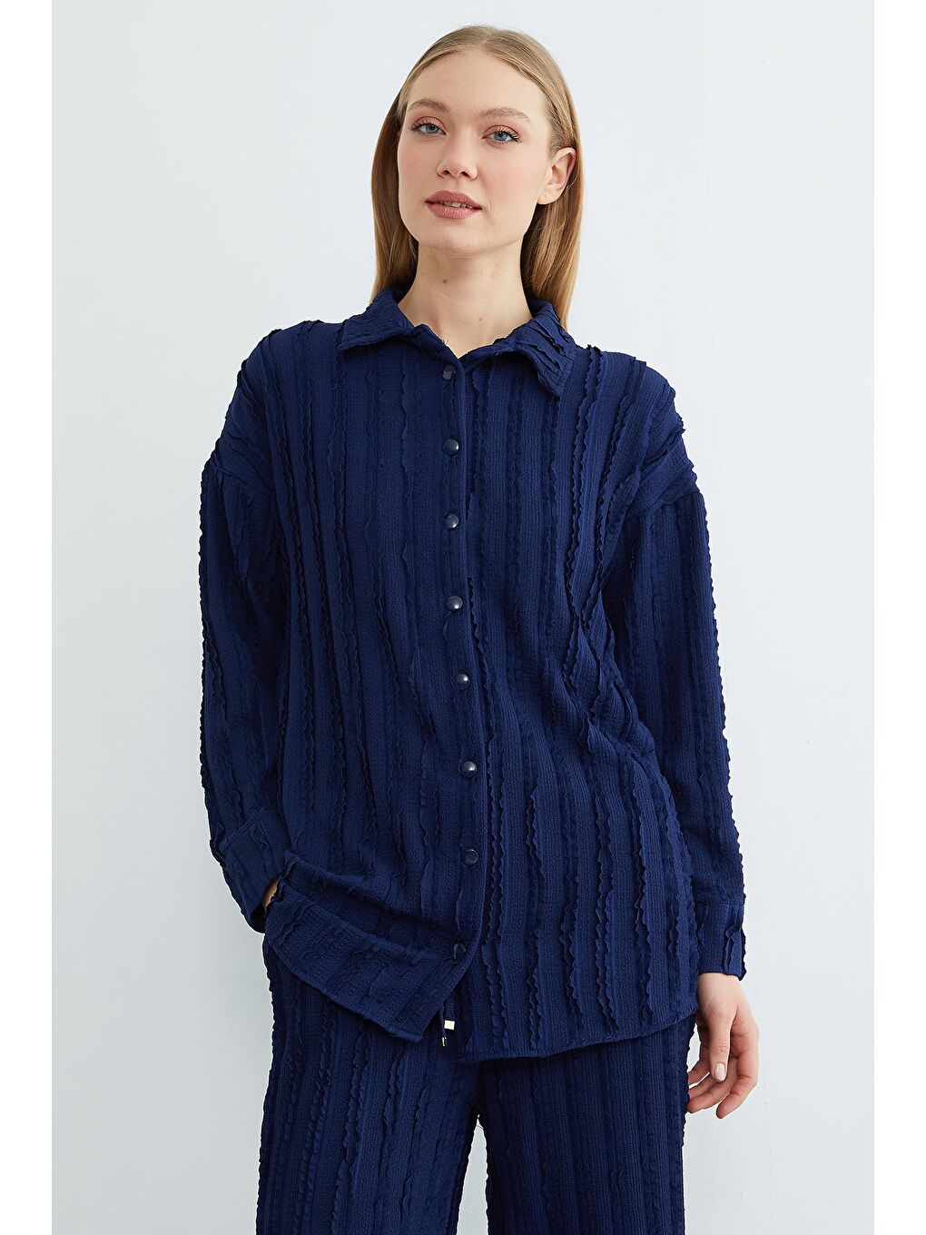 Lacivert Fullamodest Krep Kumaş Salaş 2 Li Takım-1