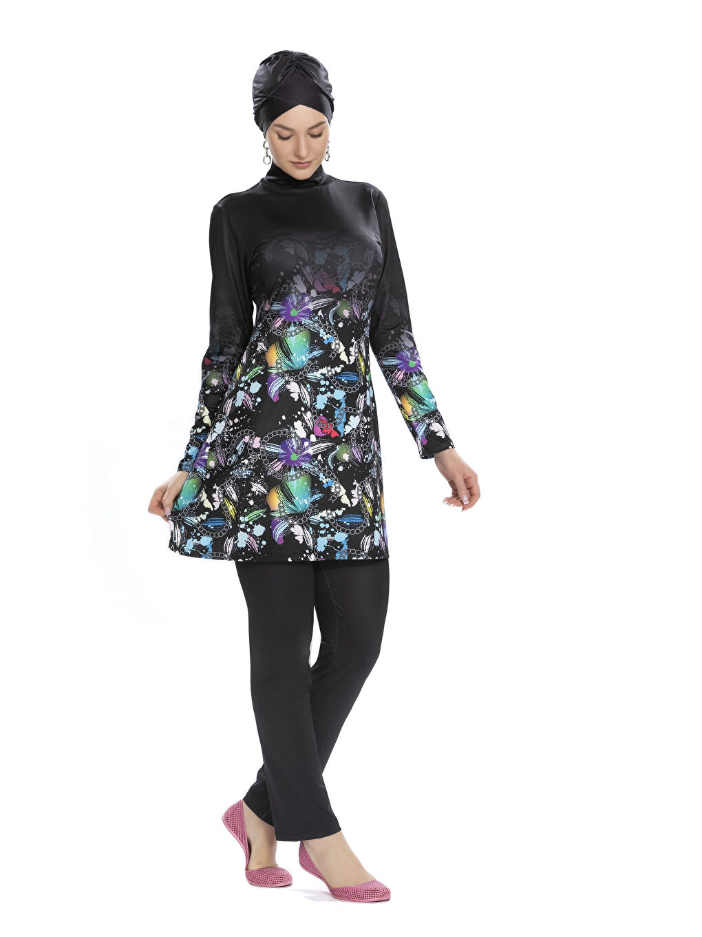 Kadın Siyah Desenli Uzun Kollu Tesettür Mayo HZL25S-AR278-520