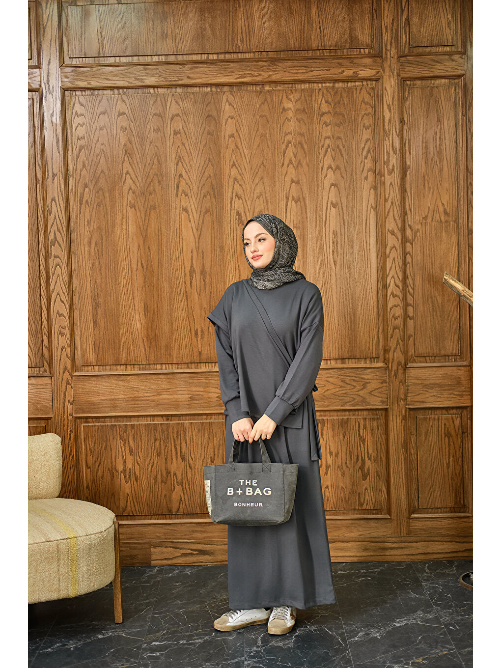 Kadın Parça Bağlamalı Elbise Antrasit-2