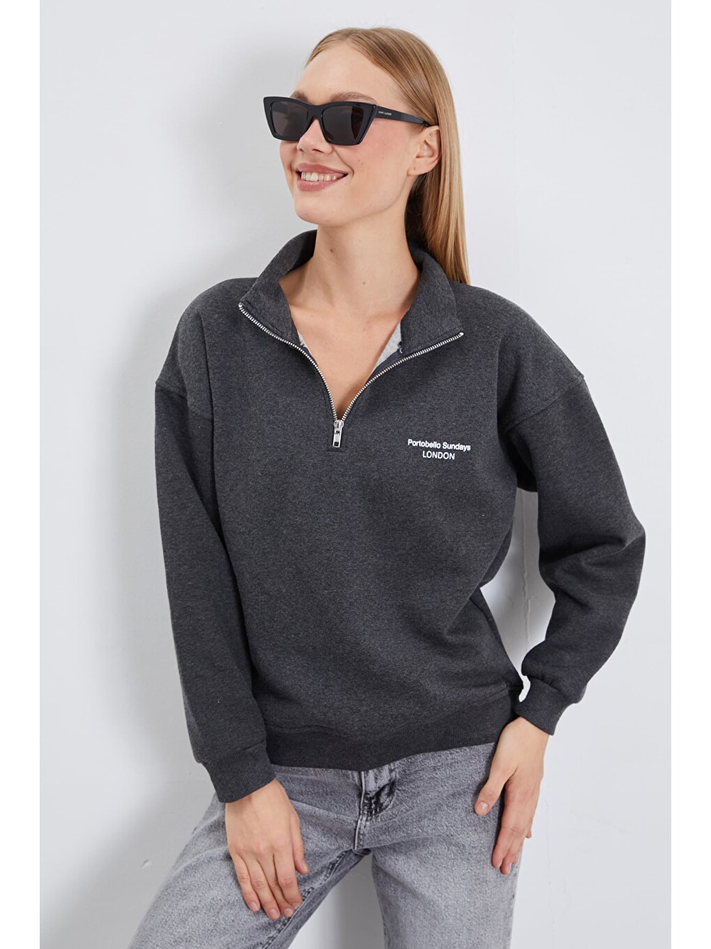 Antrasit 3 İplik London Baskılı Yarım Fermuarlı Sweatshirt