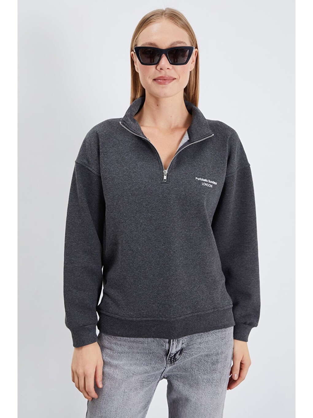 Antrasit 3 İplik London Baskılı Yarım Fermuarlı Sweatshirt-1