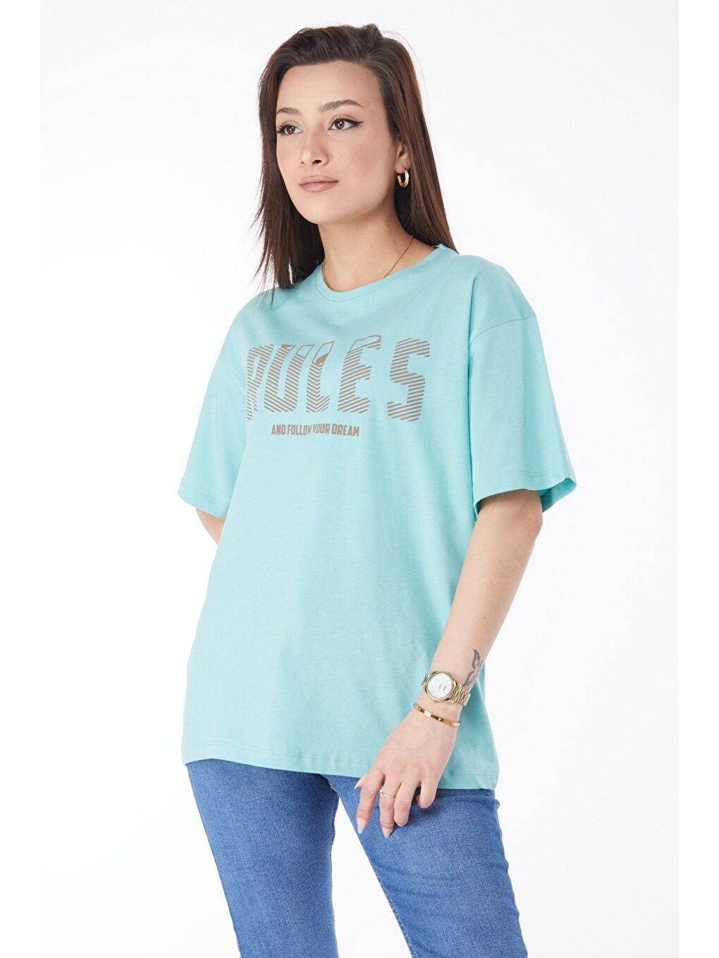 TOFİSA Yeşil Düz Bisiklet Yaka Kadın Yeşil Kısa Kollu Baskılı T-shirt - 24631