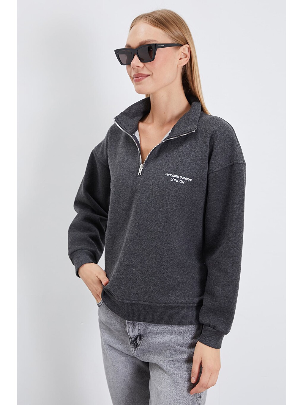Antrasit 3 İplik London Baskılı Yarım Fermuarlı Sweatshirt-2