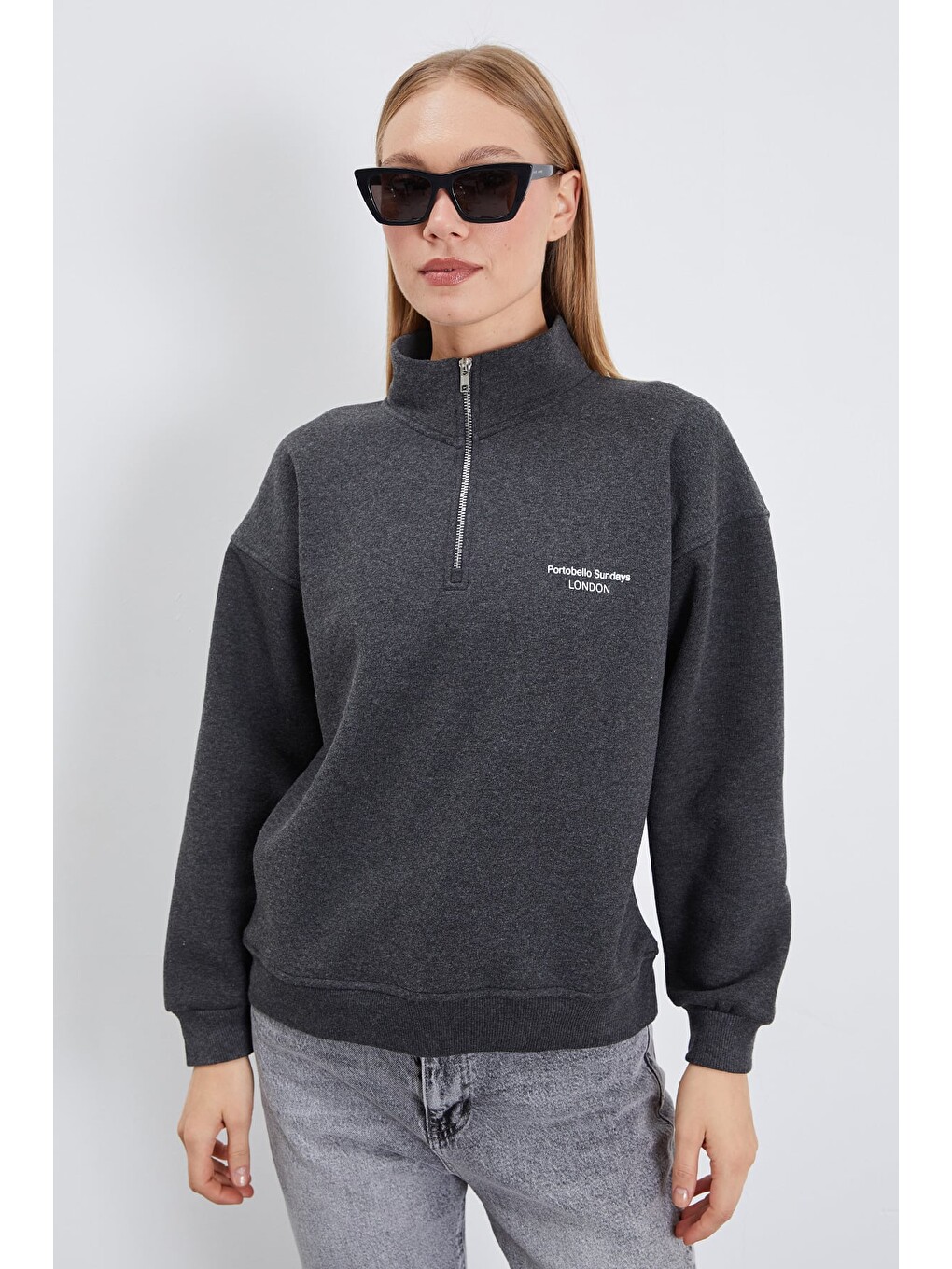 Antrasit 3 İplik London Baskılı Yarım Fermuarlı Sweatshirt-3