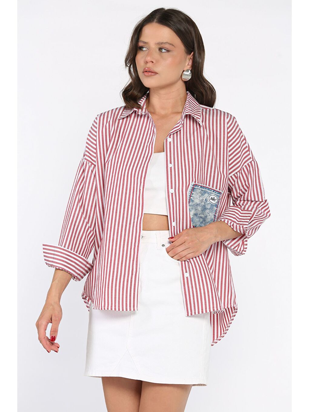 Bordo Çizgili Cepli Kadın Salaş Gömlek-1