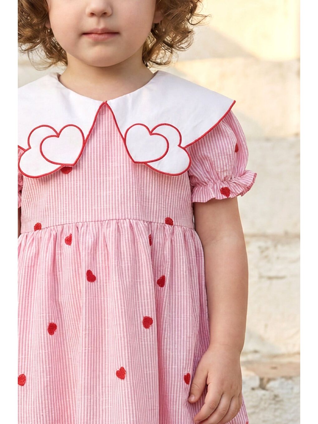 Kız Çocuk Pamuklu Pembe Çizgili Kalp Nakışlı Yakalı Elbise-3