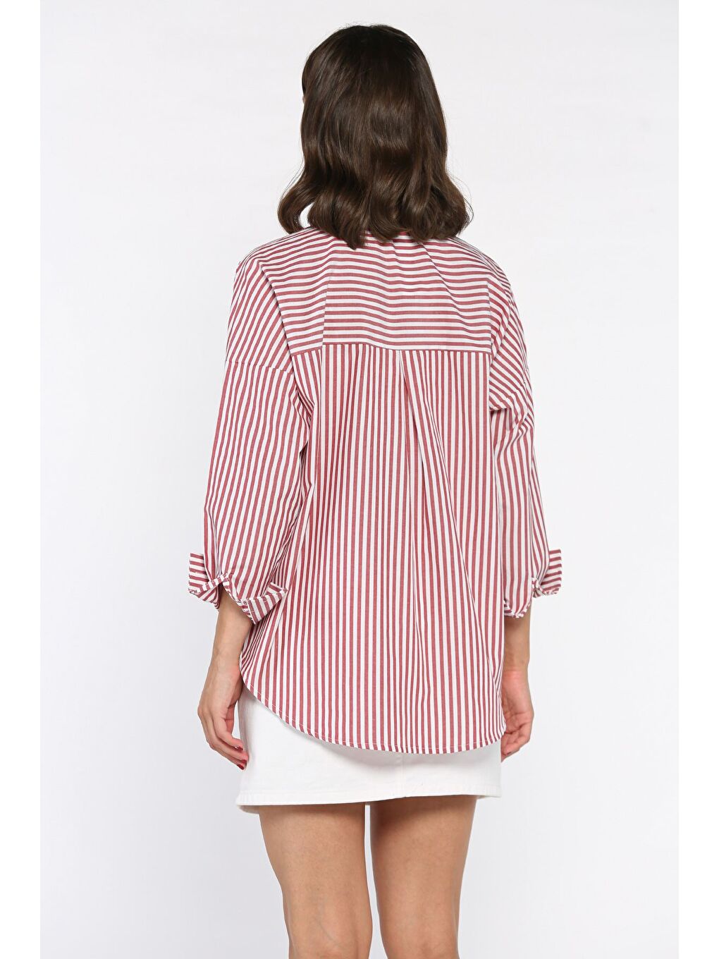 Bordo Çizgili Cepli Kadın Salaş Gömlek-2