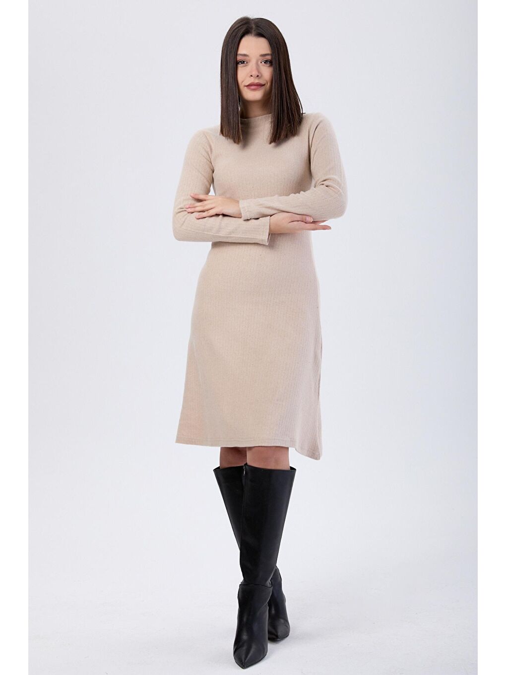 Hakim Yaka Kadın Bej Elbise - 24055