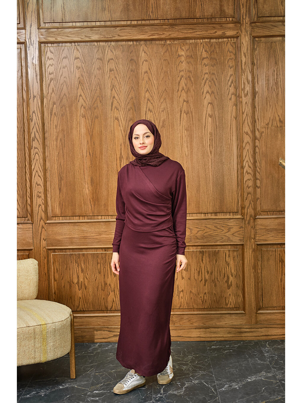 Kadın Önü Parça Detaylı Elbise Bordo-1