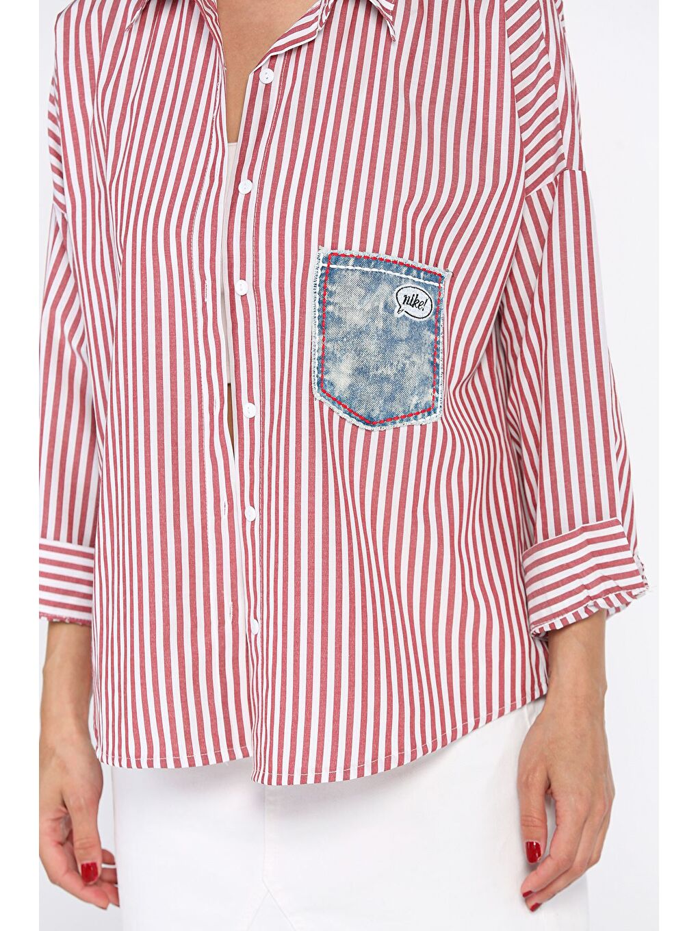 Bordo Çizgili Cepli Kadın Salaş Gömlek-3