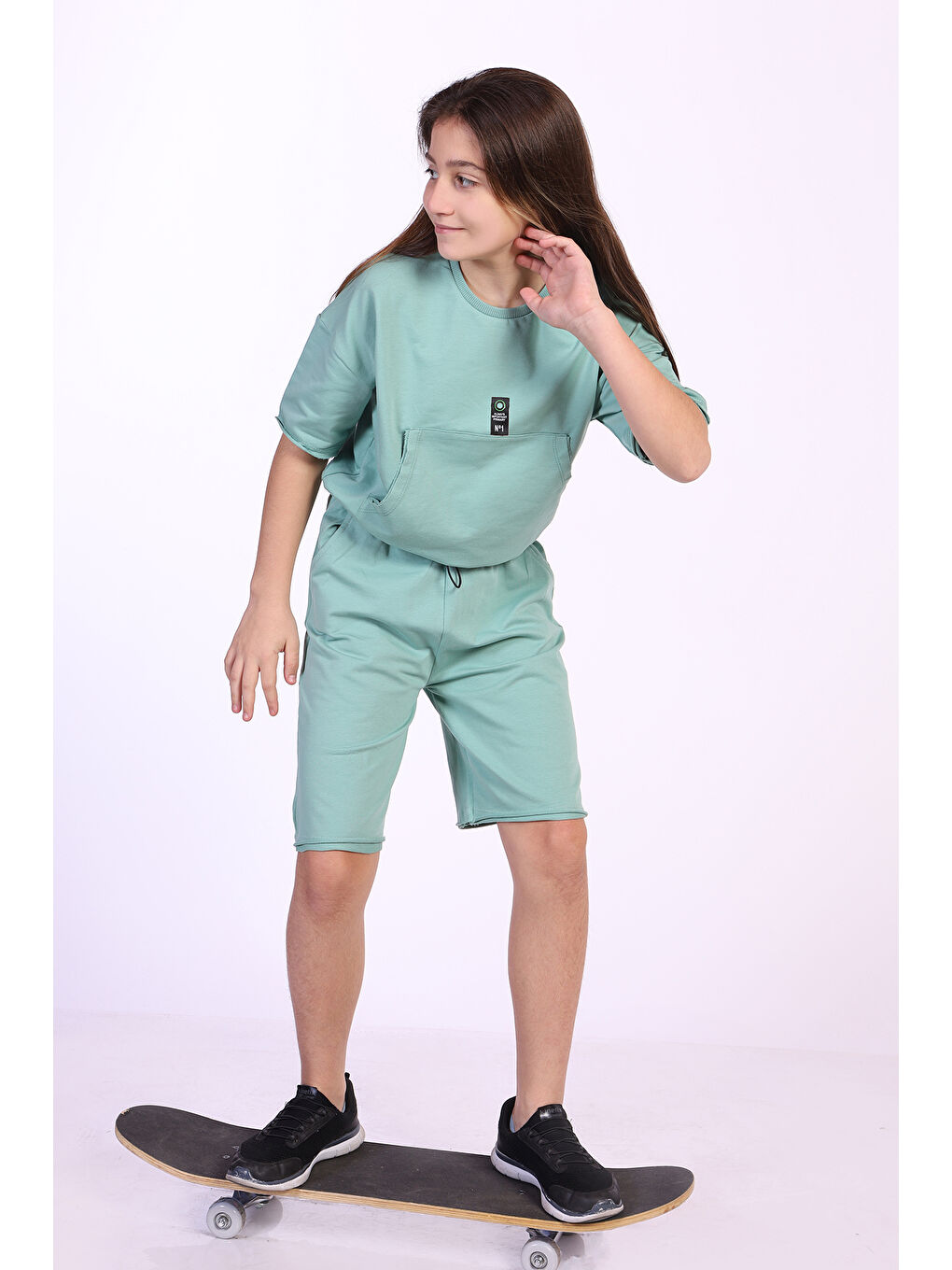 Yeşil Kız Çocuk Cepli Şortlu Takım