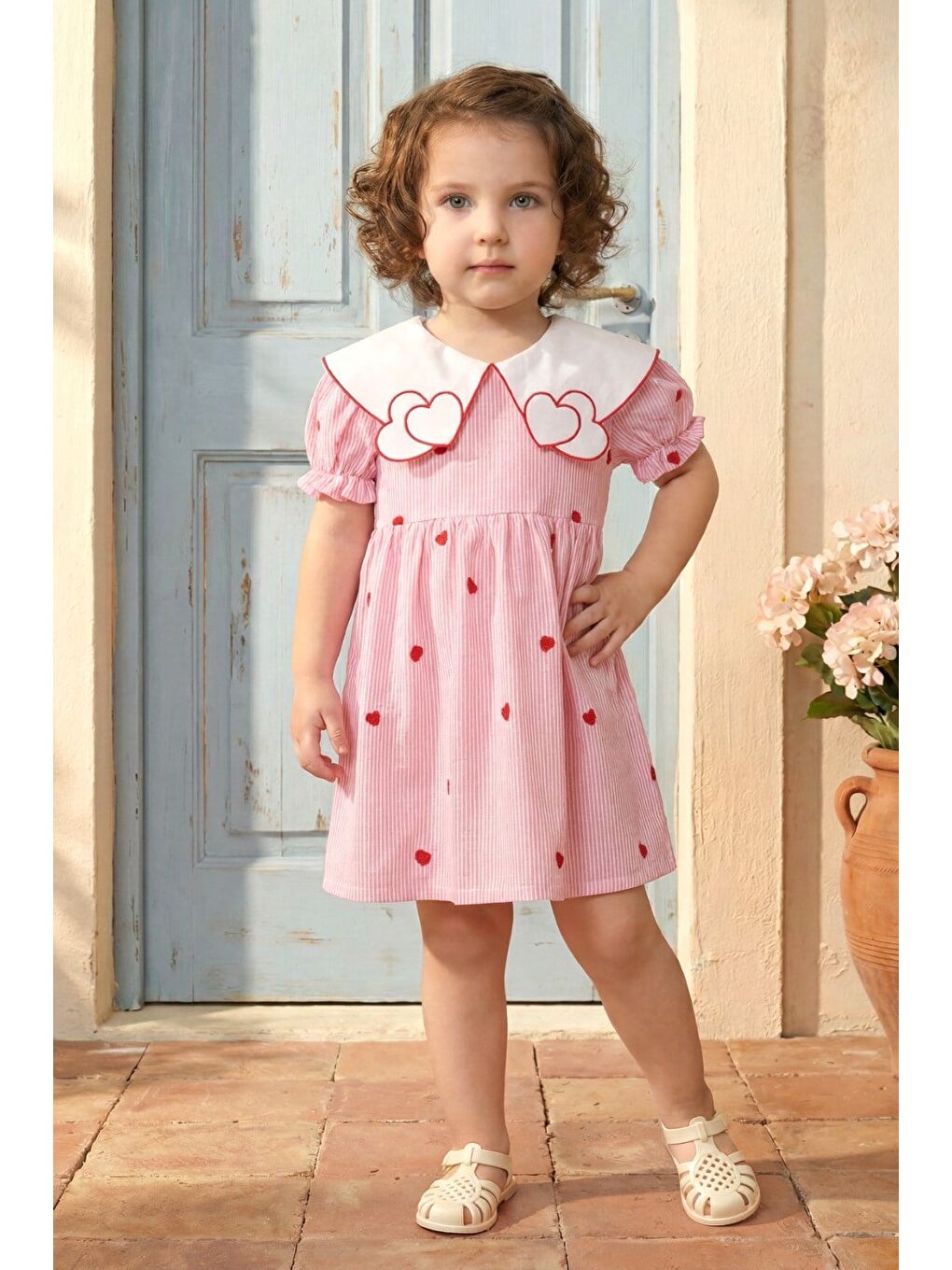 Kız Çocuk Pamuklu Pembe Çizgili Kalp Nakışlı Yakalı Elbise-4