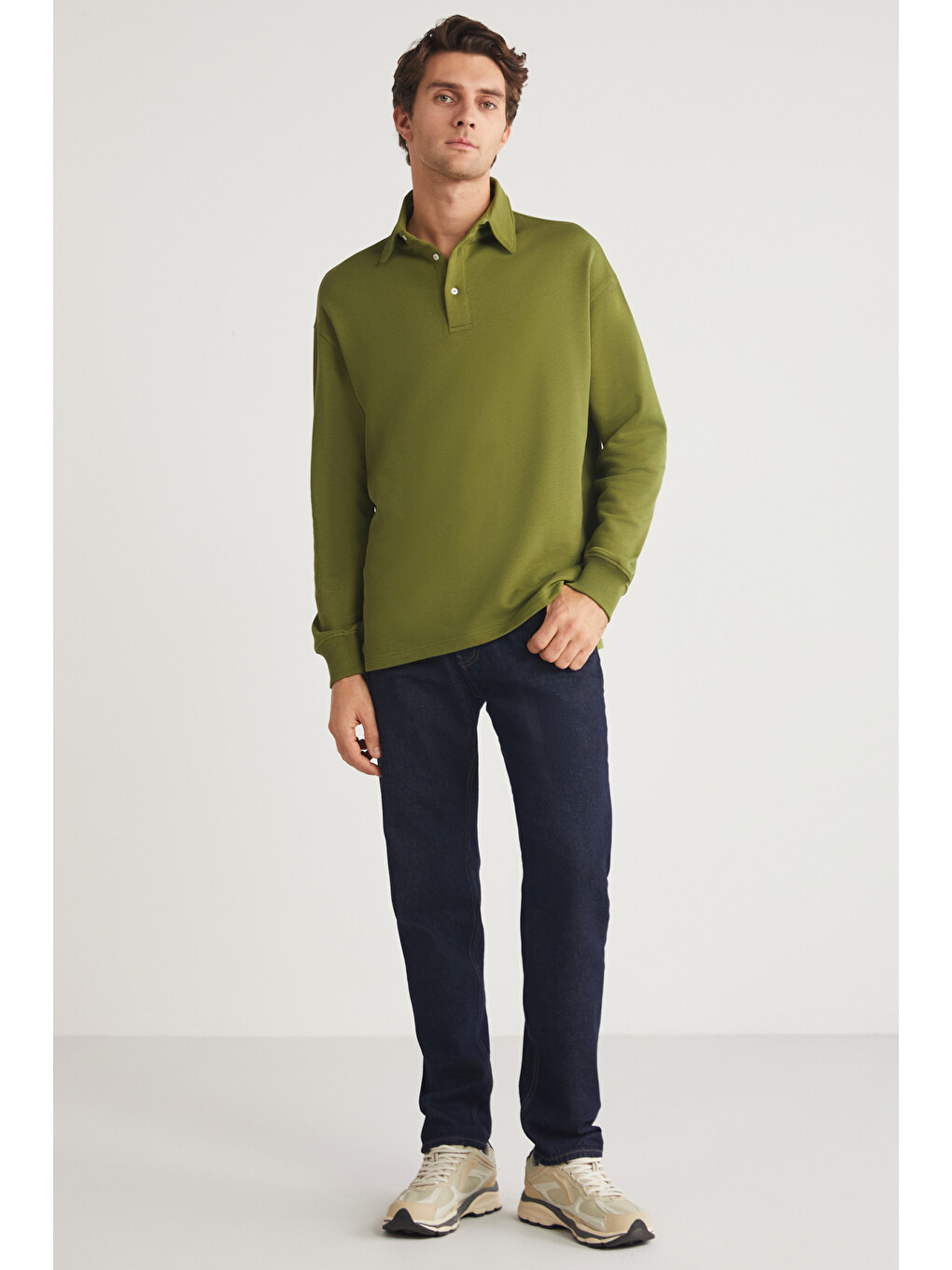 Erkek Polo Sweat Gömlek Yakalı Organik Pamuklu Yırtmaçlı İçi Polarsız Haki Sweatshirt-2