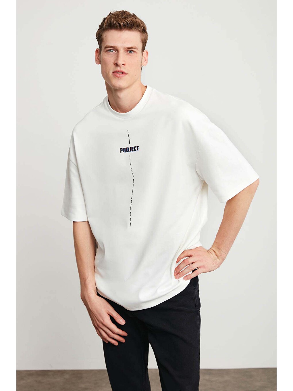 Beyaz PROJECT Erkek Baskı Detaylı Oversize Fit %100 Organik Pamuk Örme Bisiklet Yaka Örme BEYAZ T-Shirt-1