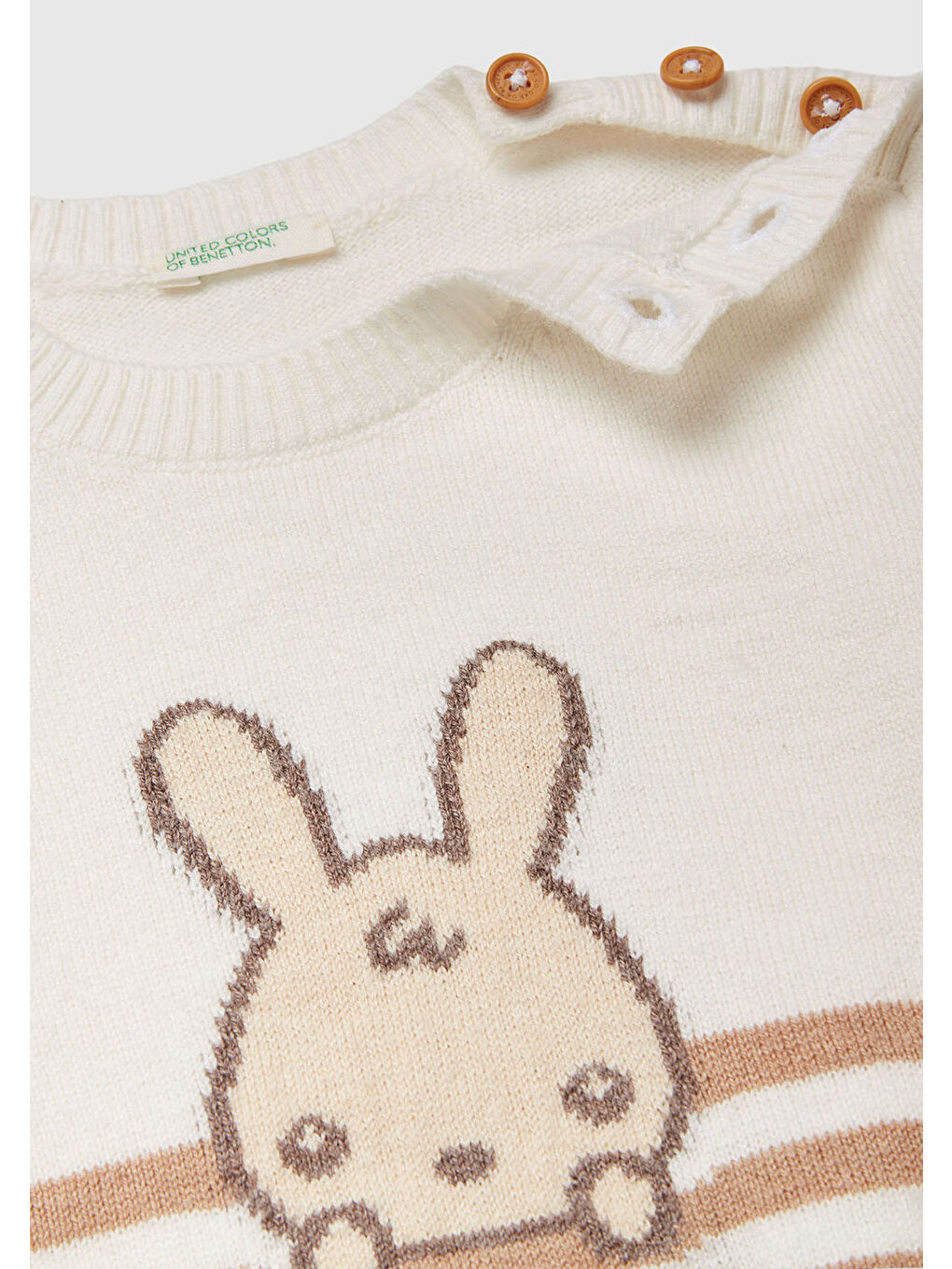 Bebek Ekru Çizgili Tavşan İşlemeli Düğme Detaylı Bisiklet Yaka Kazak-2