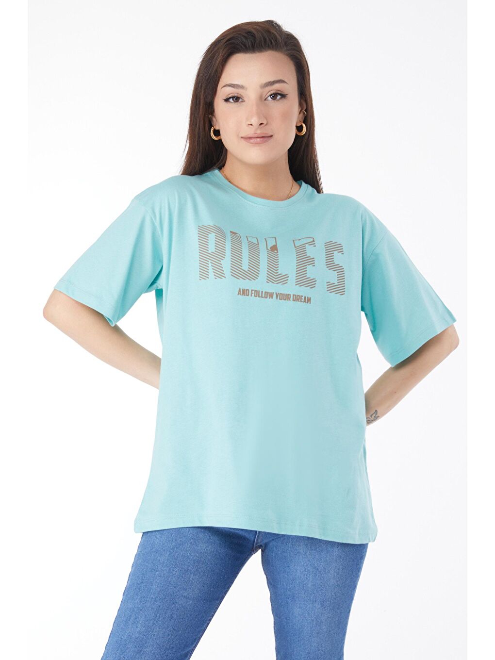 TOFİSA Yeşil Düz Bisiklet Yaka Kadın Yeşil Kısa Kollu Baskılı T-shirt - 24631 - 1