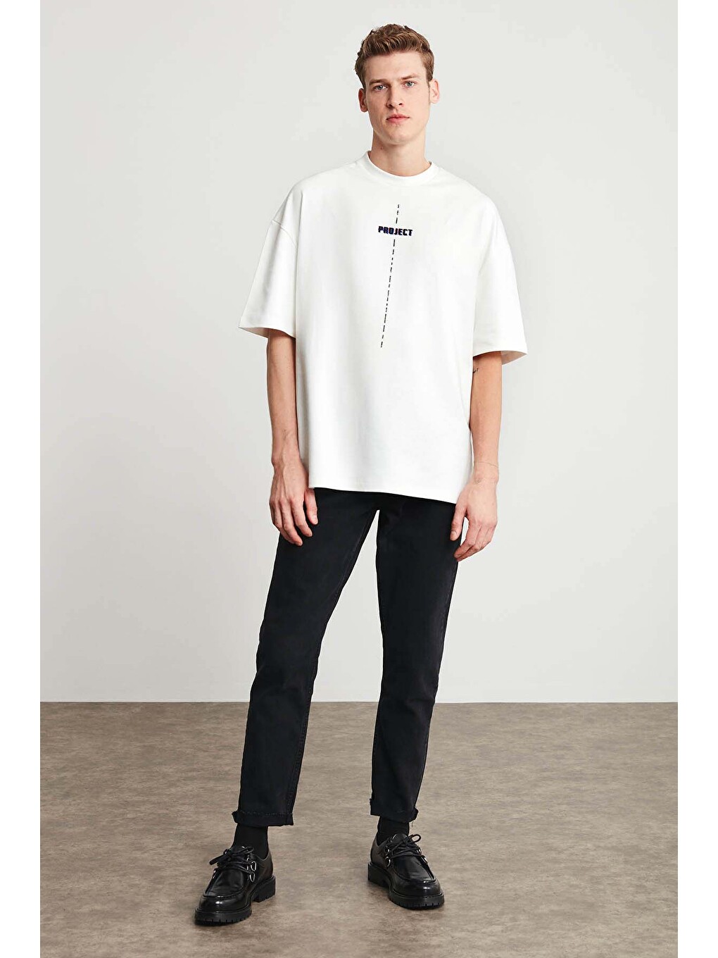 Beyaz PROJECT Erkek Baskı Detaylı Oversize Fit %100 Organik Pamuk Örme Bisiklet Yaka Örme BEYAZ T-Shirt-2