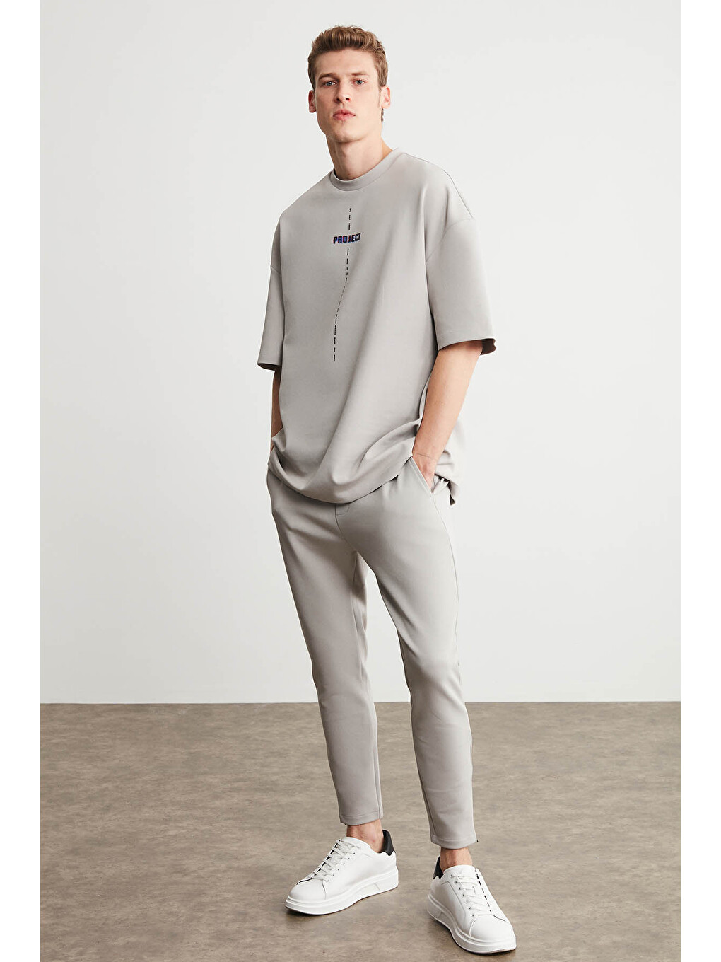 Gri PROJECT Erkek Baskı Detaylı Oversize Fit %100 Organik Pamuk Örme Bisiklet Yaka Örme GRİ T-Shirt-1