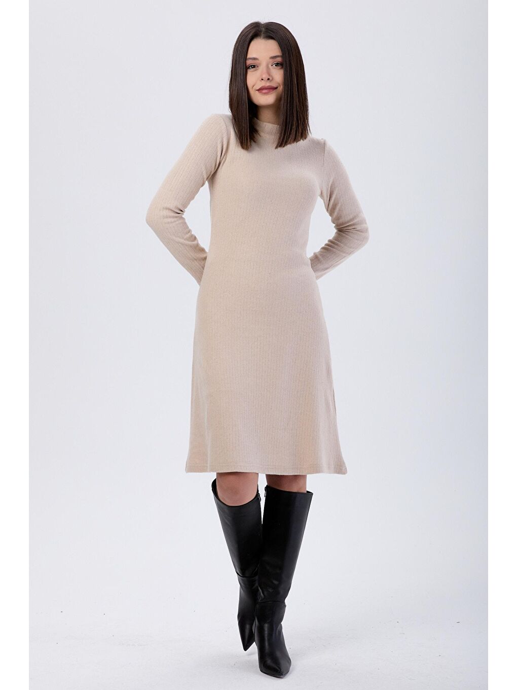Hakim Yaka Kadın Bej Elbise - 24055-1