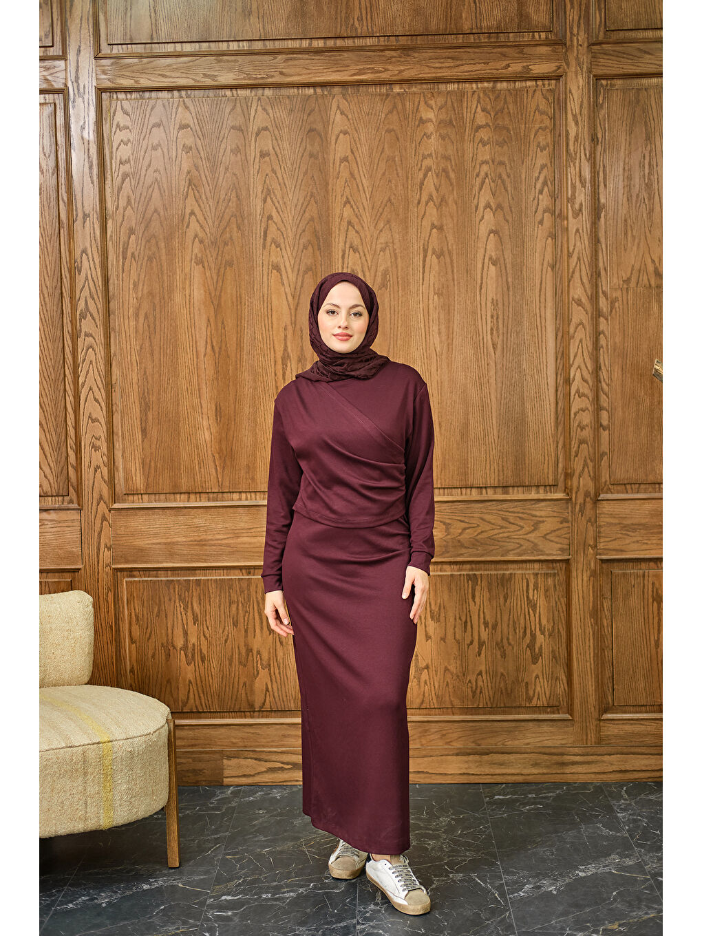 Kadın Önü Parça Detaylı Elbise Bordo-2