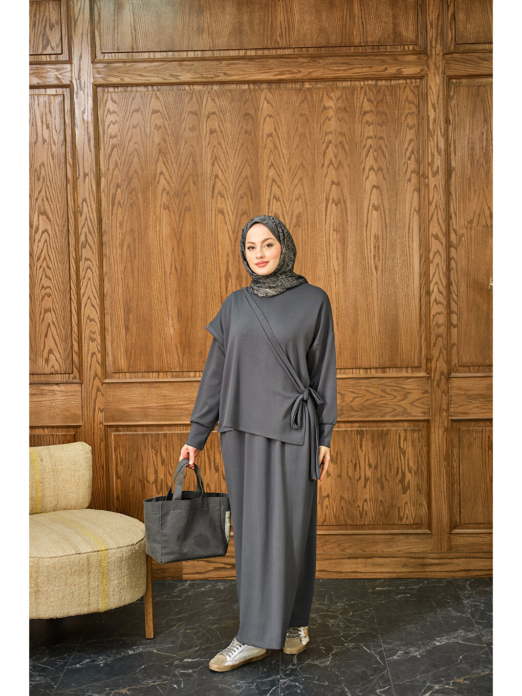 Kadın Parça Bağlamalı Elbise Antrasit-4