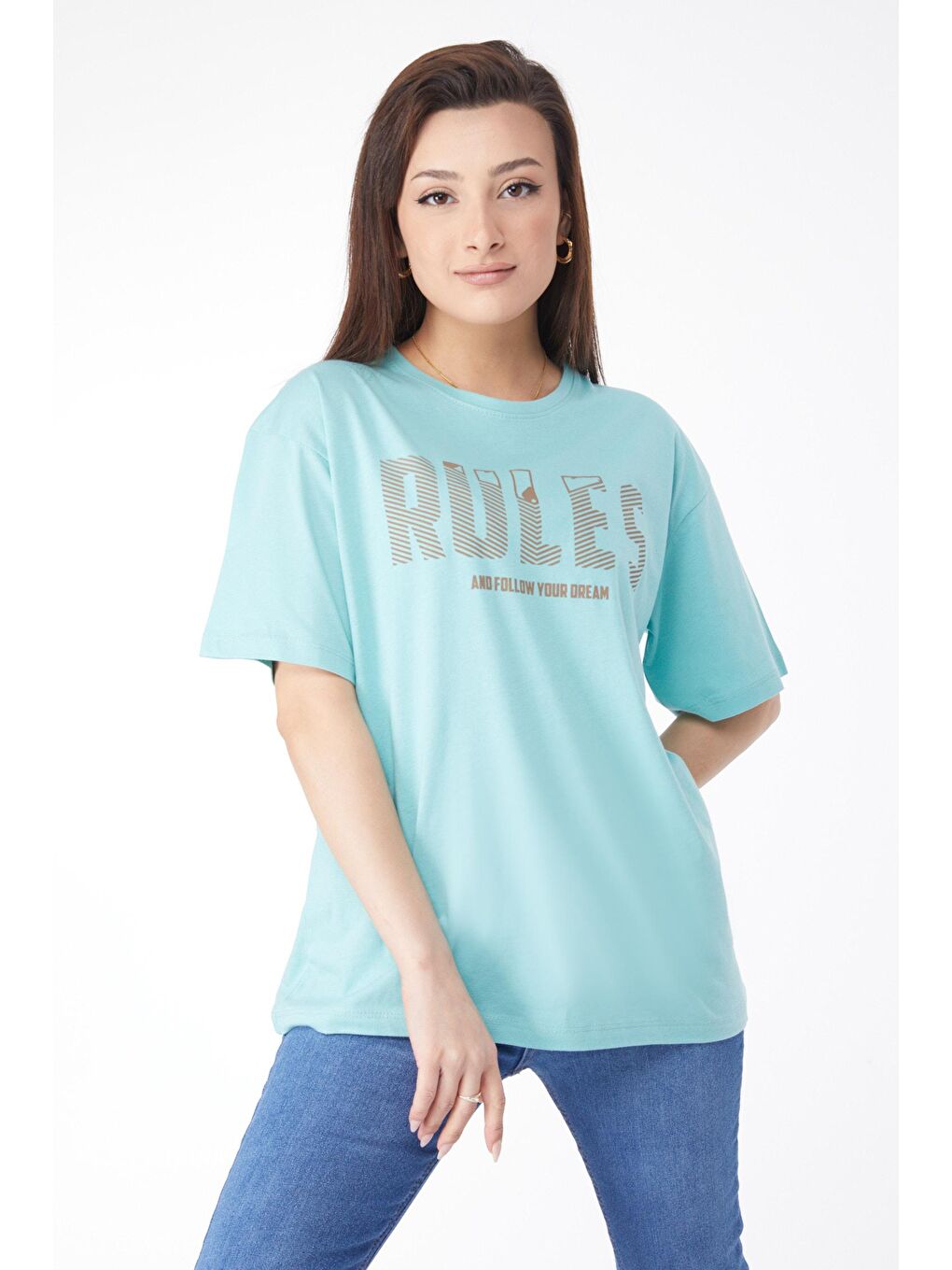 TOFİSA Yeşil Düz Bisiklet Yaka Kadın Yeşil Kısa Kollu Baskılı T-shirt - 24631 - 2