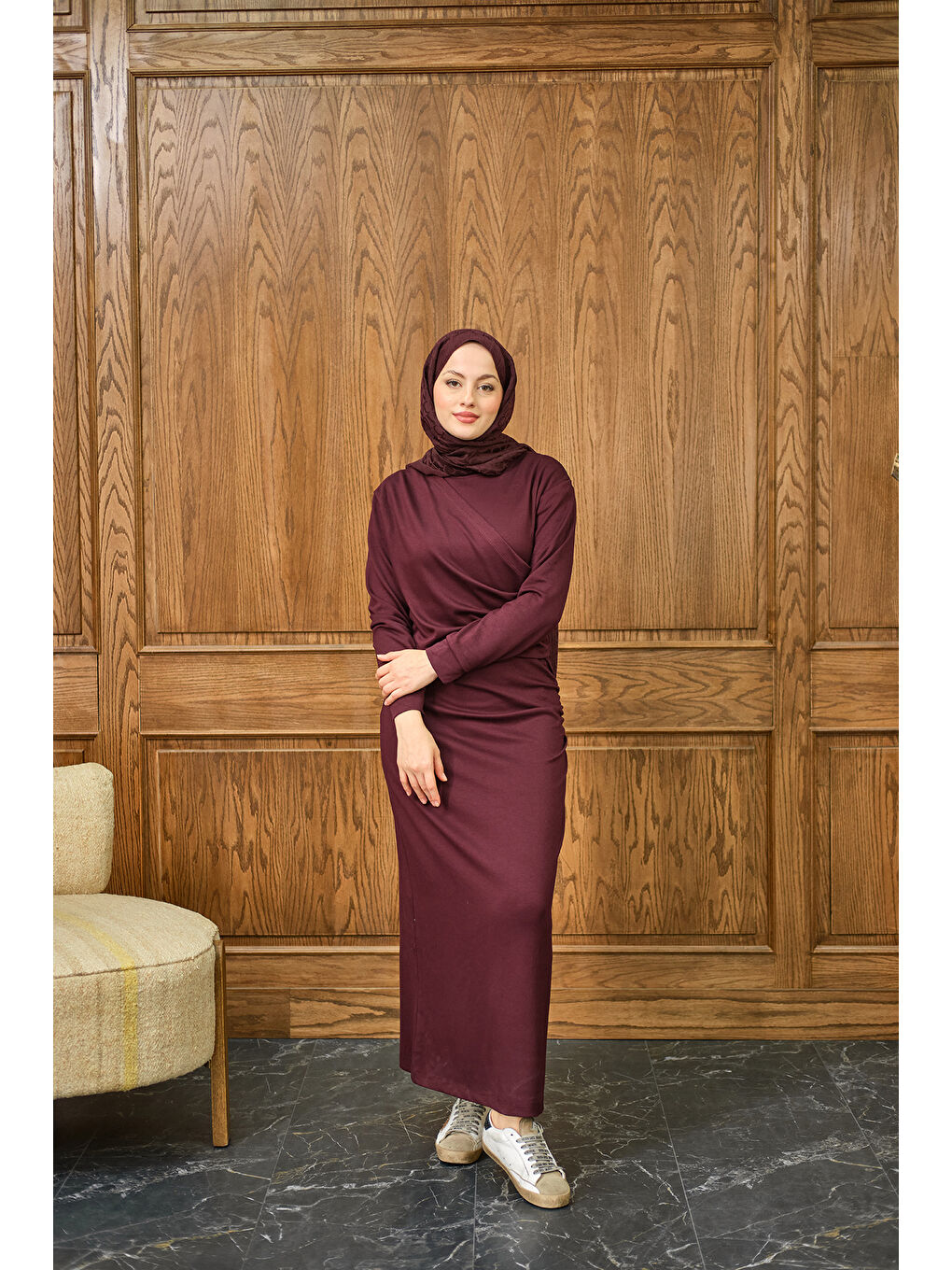 Kadın Önü Parça Detaylı Elbise Bordo-3