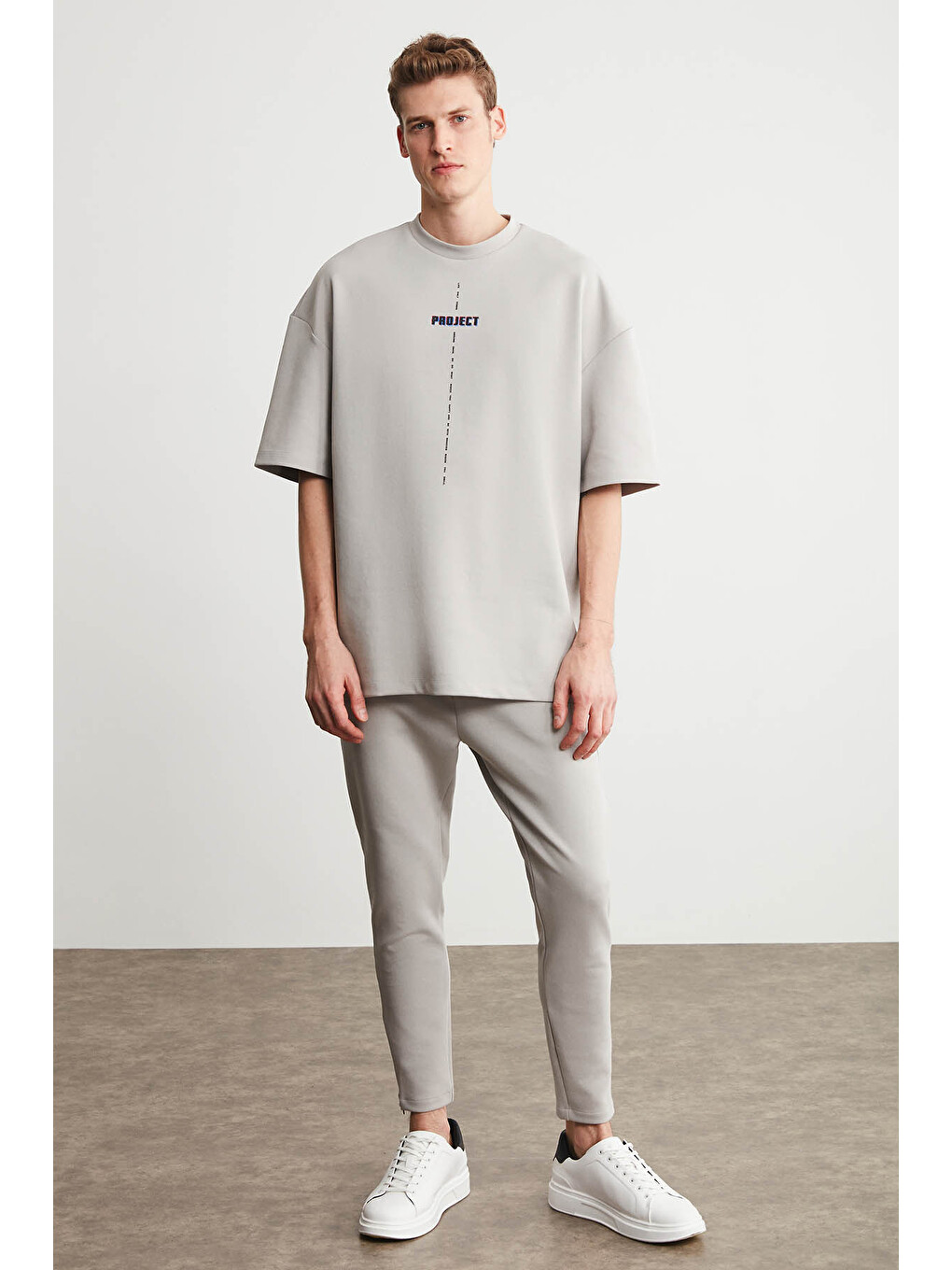 Gri PROJECT Erkek Baskı Detaylı Oversize Fit %100 Organik Pamuk Örme Bisiklet Yaka Örme GRİ T-Shirt-2