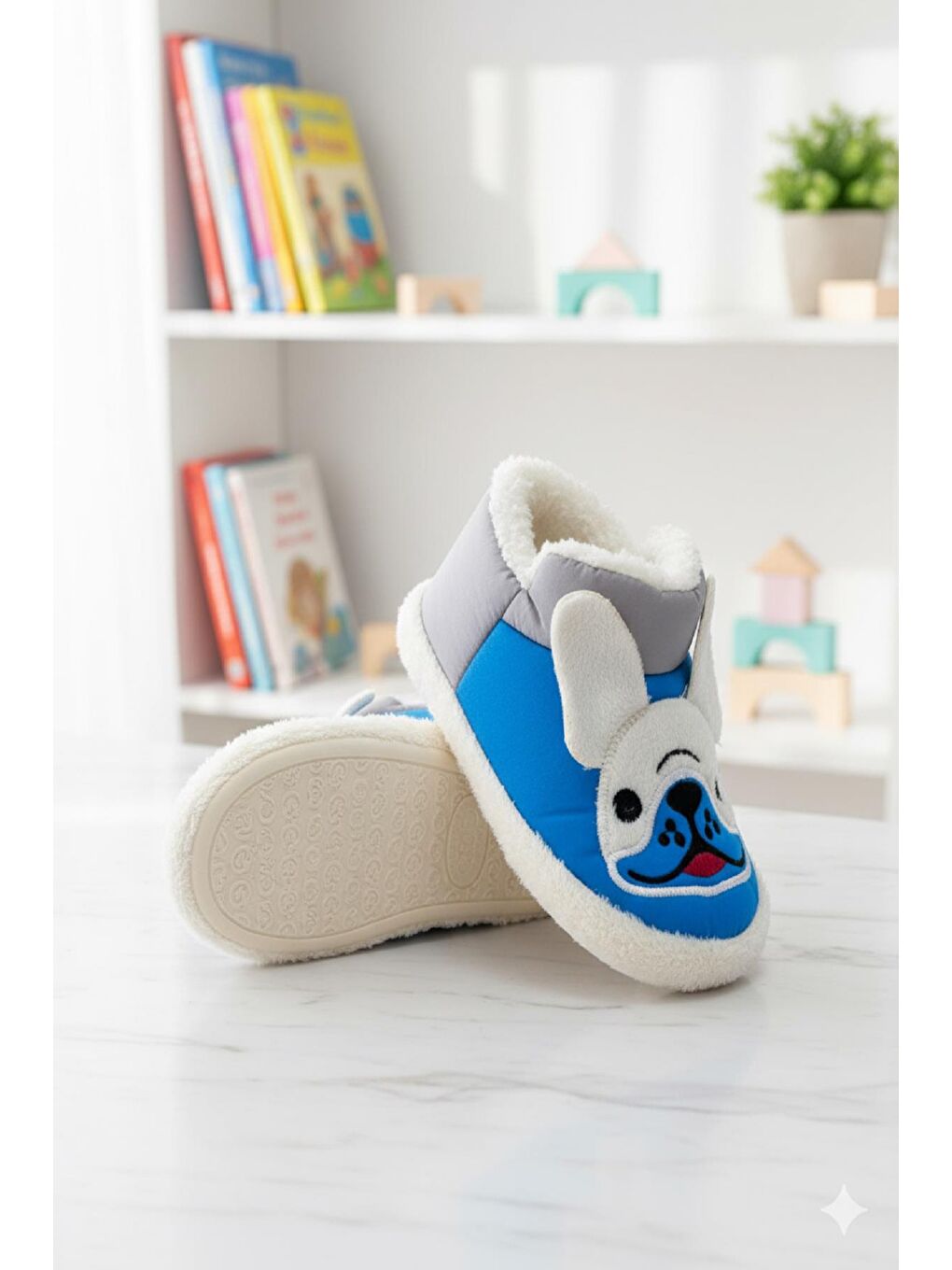 Mavi Dogg Desenli Kaydırmaz Taban Su İtici Kürklü Kreş Ev Okul Ayakkabısı Bebek Çocuk Panduf Ev Botu