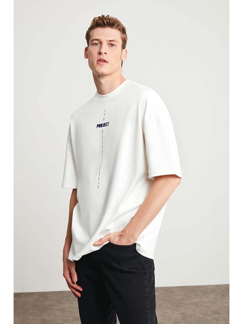 Beyaz PROJECT Erkek Baskı Detaylı Oversize Fit %100 Organik Pamuk Örme Bisiklet Yaka Örme BEYAZ T-Shirt-3