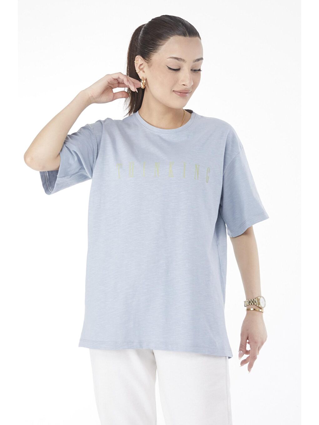 Bisiklet Yaka Kadın Mavi Kısa Kollu Baskılı T-Shirt - 24634-1