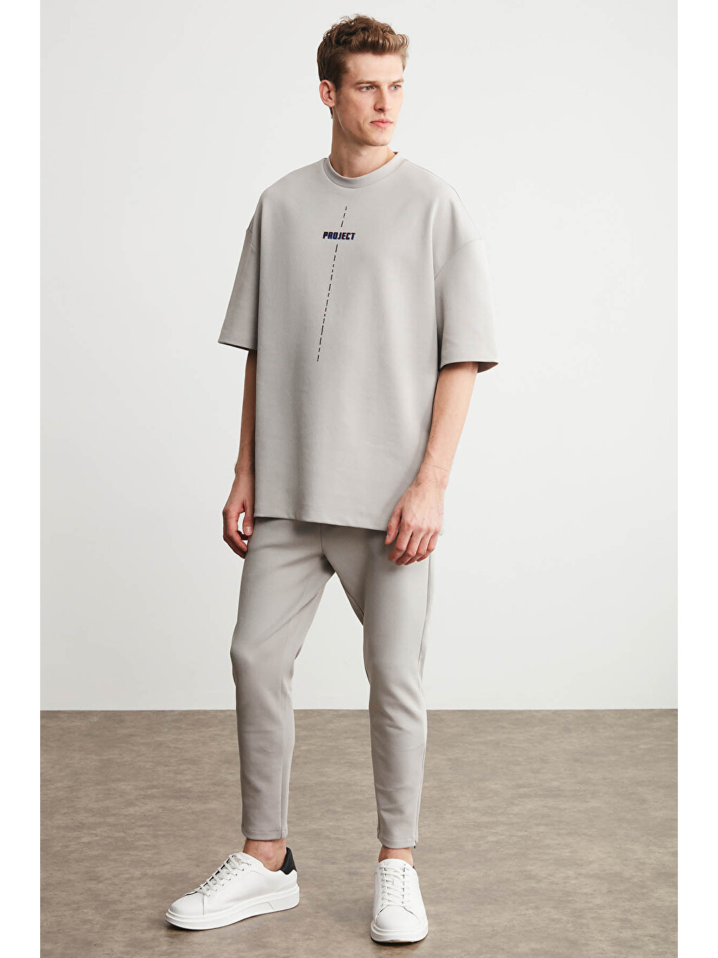 Gri PROJECT Erkek Baskı Detaylı Oversize Fit %100 Organik Pamuk Örme Bisiklet Yaka Örme GRİ T-Shirt-3
