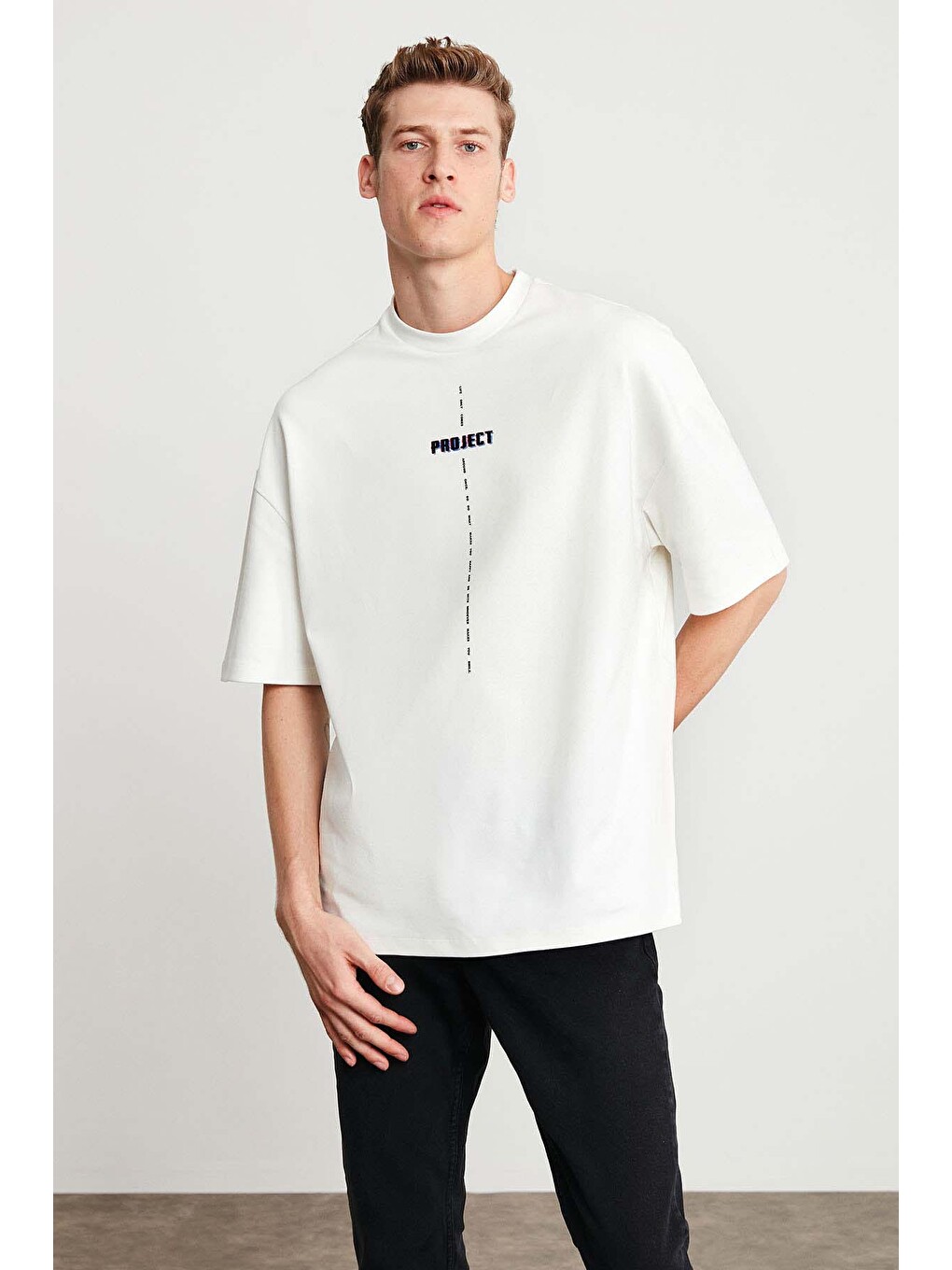 Beyaz PROJECT Erkek Baskı Detaylı Oversize Fit %100 Organik Pamuk Örme Bisiklet Yaka Örme BEYAZ T-Shirt-4