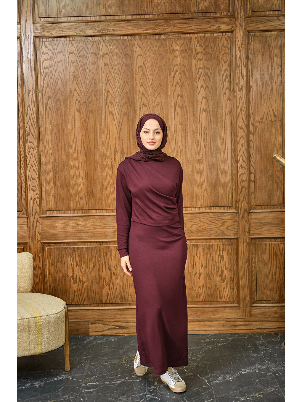 Kadın Önü Parça Detaylı Elbise Bordo-4