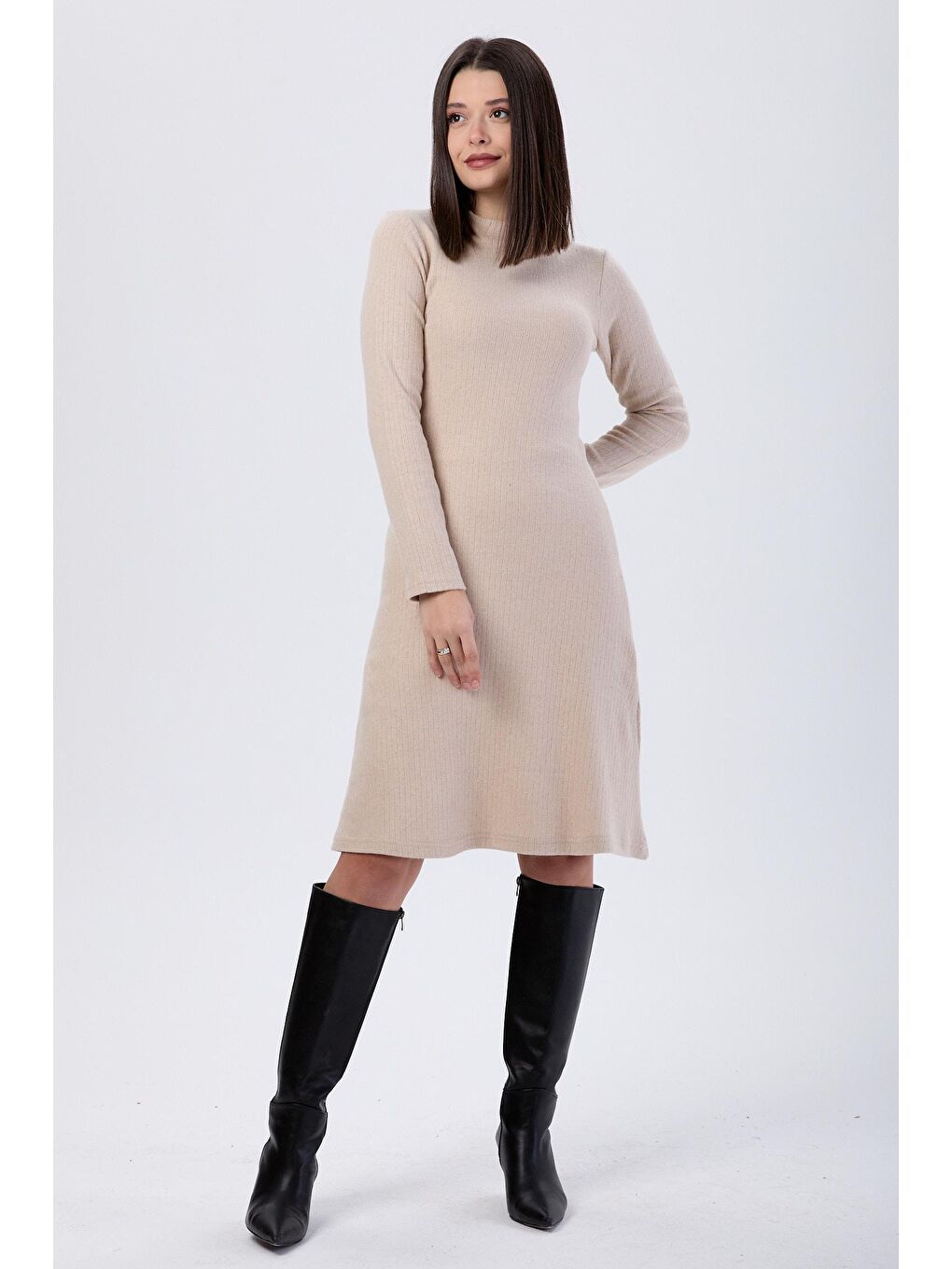 Hakim Yaka Kadın Bej Elbise - 24055-3