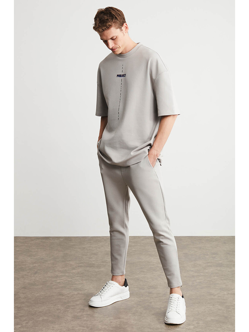 Gri PROJECT Erkek Baskı Detaylı Oversize Fit %100 Organik Pamuk Örme Bisiklet Yaka Örme GRİ T-Shirt-4