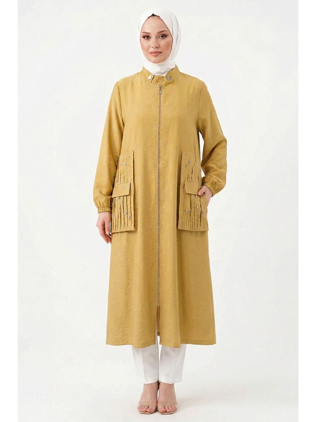 Yakası Çıt Çıt Detaylı ve Kraşlı Sfari Kap Ceket 817 Sarı