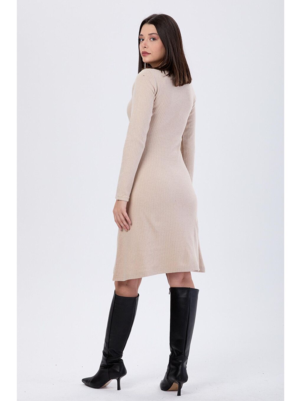 Hakim Yaka Kadın Bej Elbise - 24055-4
