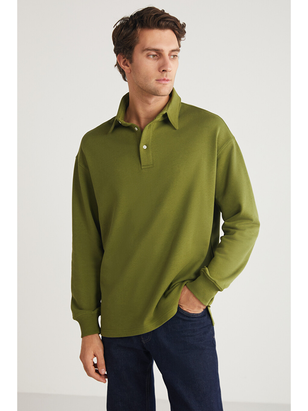 Erkek Polo Sweat Gömlek Yakalı Organik Pamuklu Yırtmaçlı İçi Polarsız Haki Sweatshirt-3