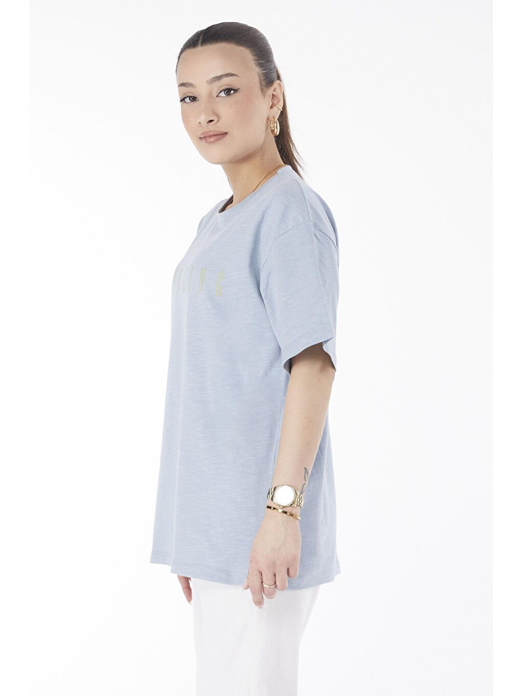 Bisiklet Yaka Kadın Mavi Kısa Kollu Baskılı T-Shirt - 24634-3