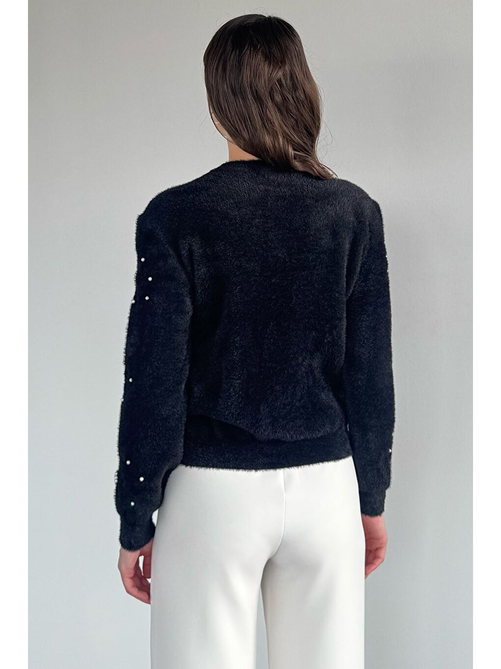 Siyah Kadın Çiçek Baskılı Taşlı Sakallı Triko Kazak (s-m-l Beden Uyumludur.)-3