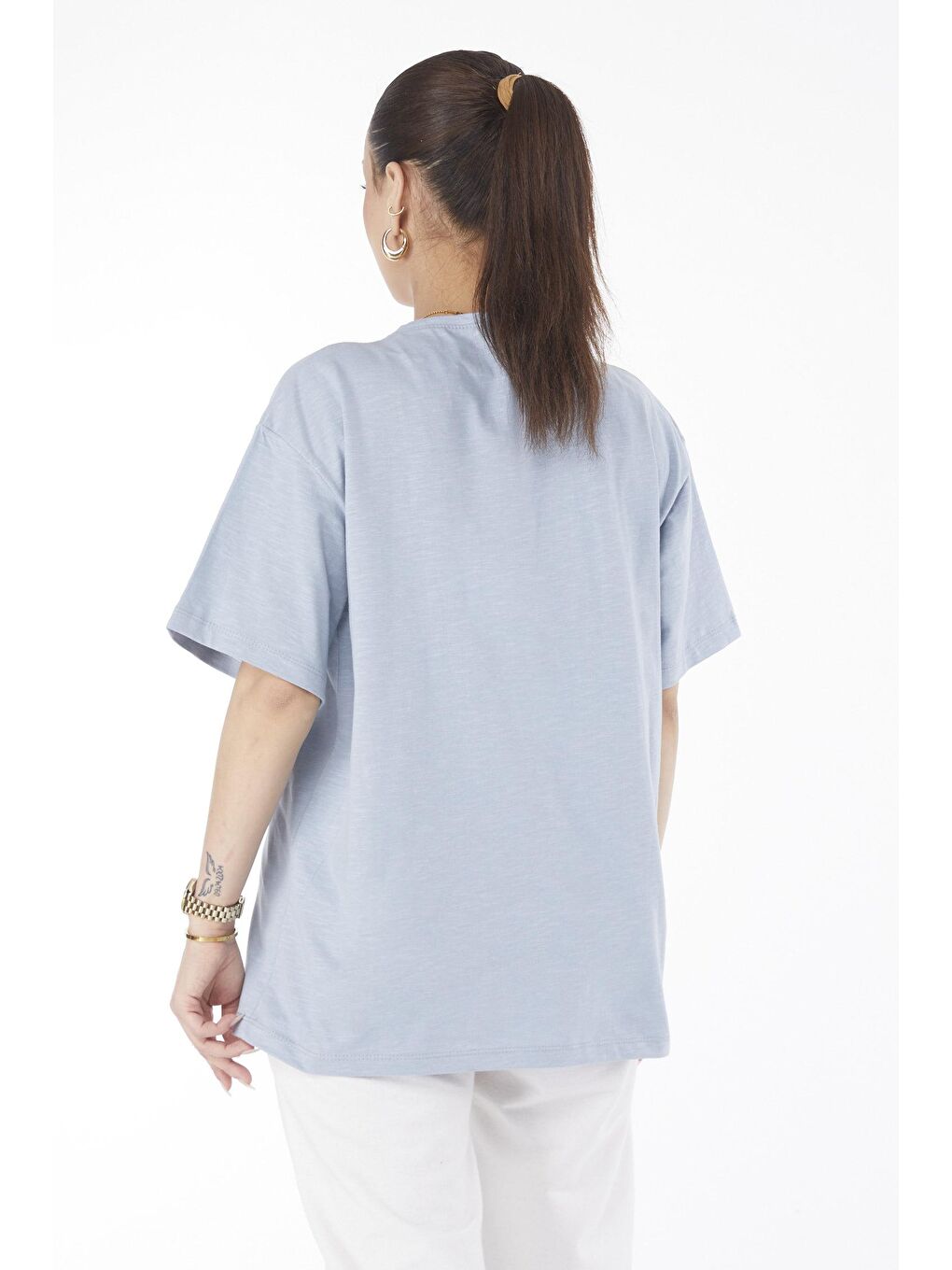 Bisiklet Yaka Kadın Mavi Kısa Kollu Baskılı T-Shirt - 24634-4